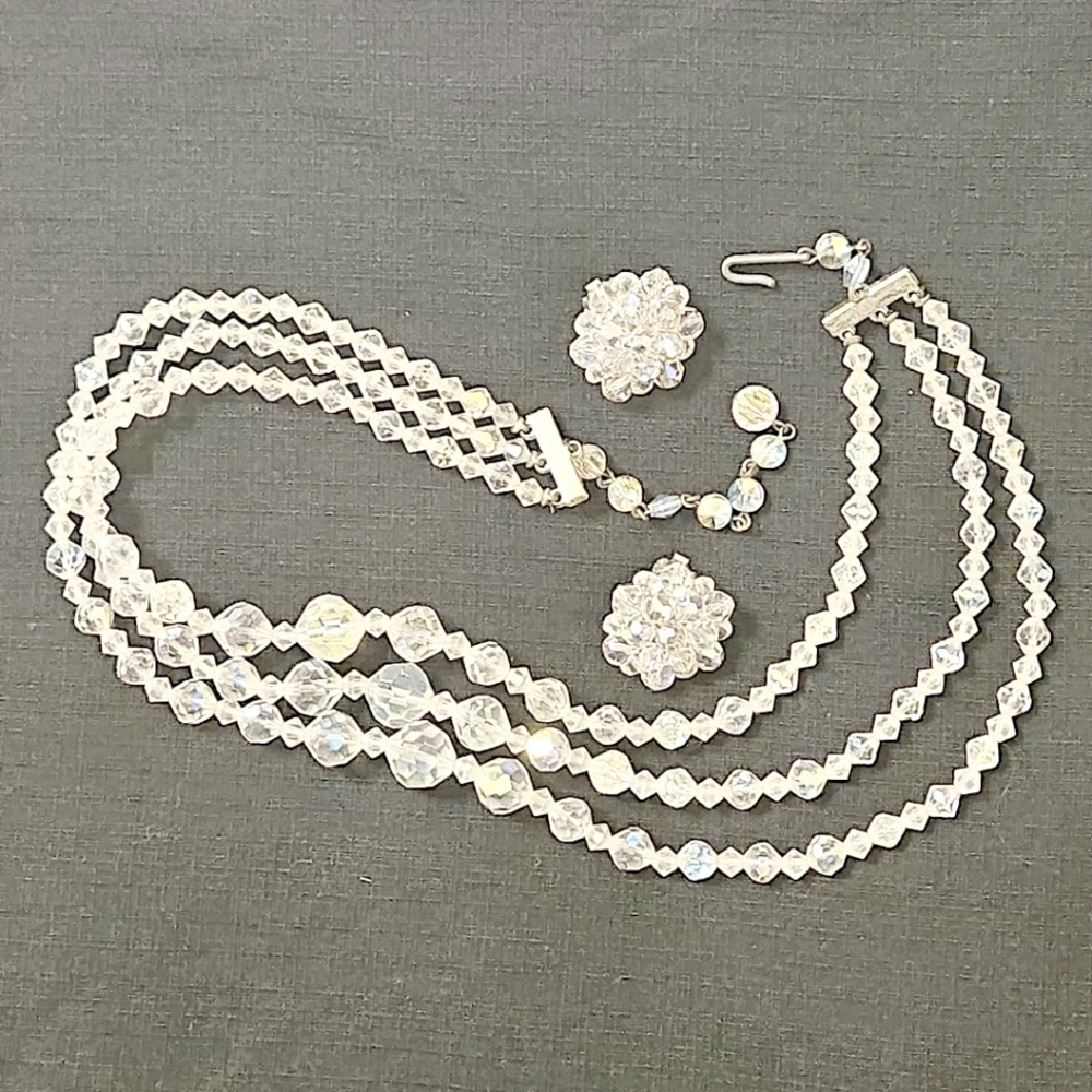 Vintage Crystal Jewelry Set with Clip Earrings and 17"-19" 3 Tier Necklace